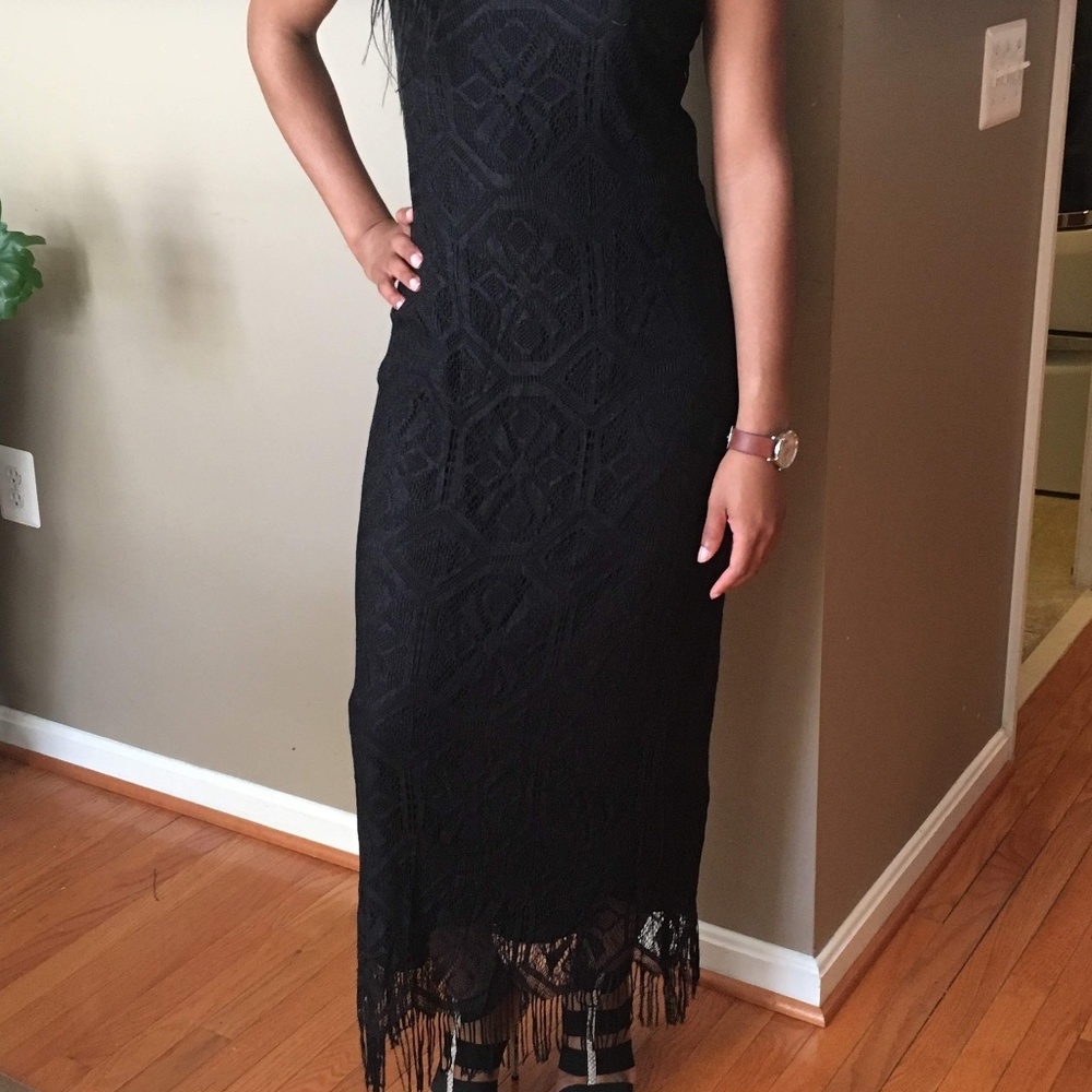 D107 Black lace evening gown with fringe bottom